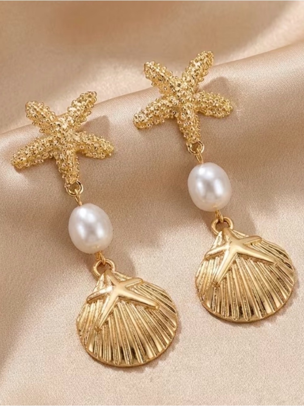 Gold Starfish & Pearl Drop Earrings - Beach-Inspired Women Jewelry